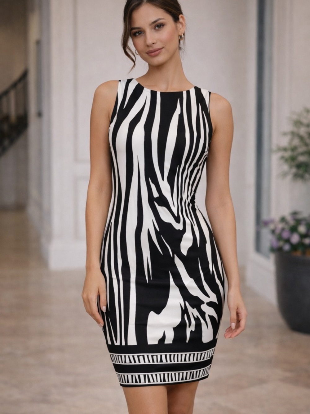Cache Black & White Zebra-Print Sleeveless Sheath Mini Dress